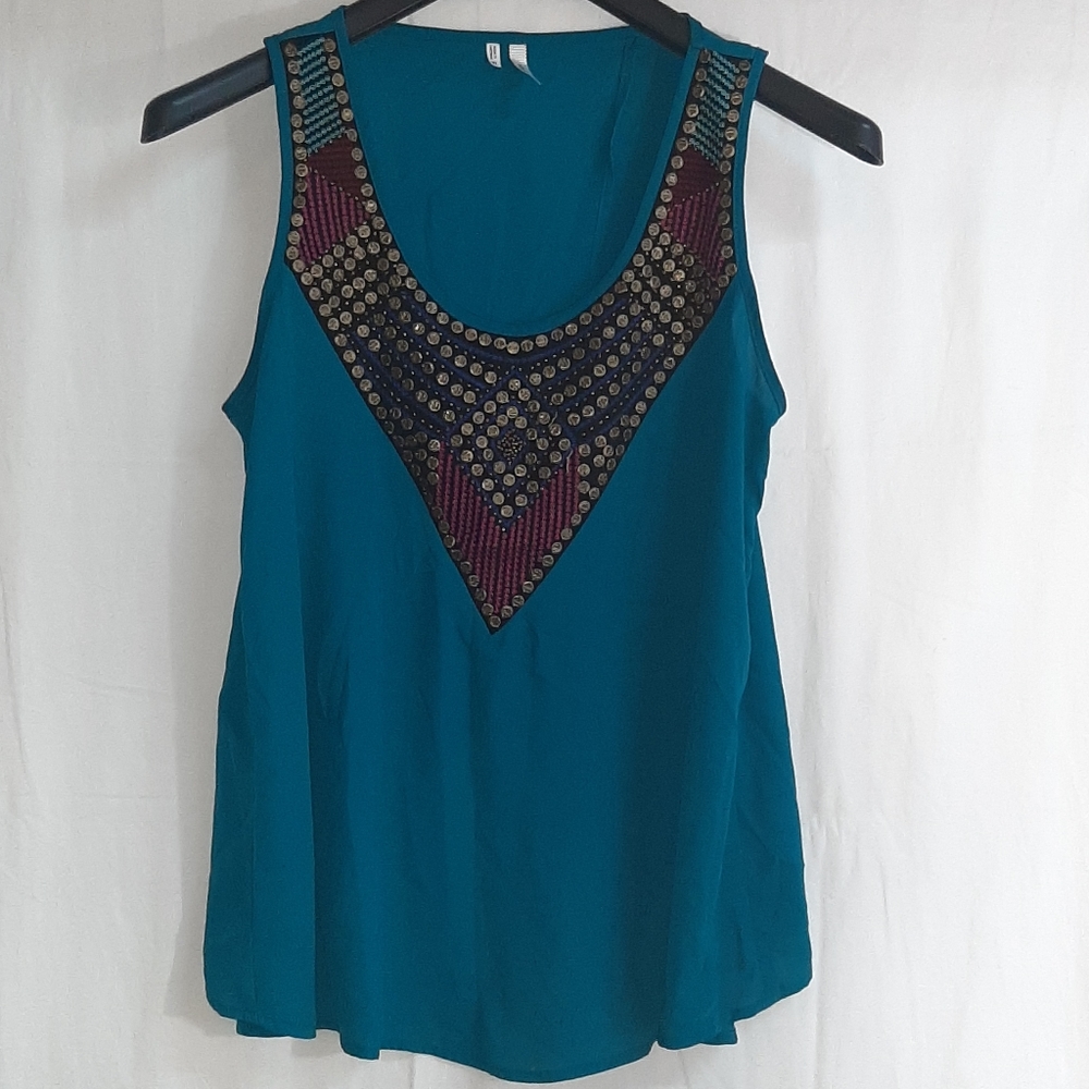 Sleeveless Blue Green Metal Stud & Embroidered Med
